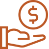 orange line drawing of a have holding a dollar sign in its palm