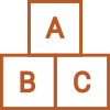 Orange line drawing of three blocks, two on the bottom one on the top. Each has a letter (A,B,C) written on it